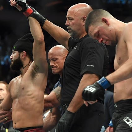Jorge Masvidal defeats Nate Diaz for the BMF title at UFC 244 in Madison Square Garden in 2019. Photo: USA Today