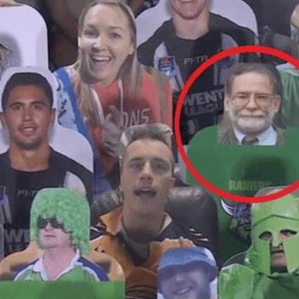 A screengrab from the broadcast of the NRL game between Penrith Panthers and Newcastle Knights with serial killer Harold Shipman circled. Photo: Twitter