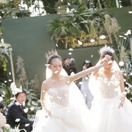 Shui Yue (left) and her partner Pu Yurong pictured at their wedding ceremony in January. Photo: Handout