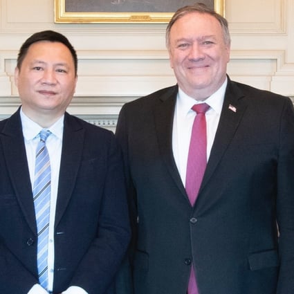 US Secretary of State Michael Pompeo meets with survivors of the Tiananmen Square crackdown on Tuesday in Washington. From left, Liane Lee, Su Xiaokang, Wang Dan, Pompeo and Henry Li. Photo: Twitter