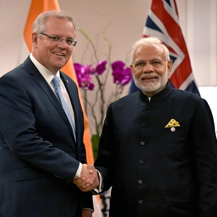Australia's Prime Minister Scott Morrison, left, and India's Prime Minister Narendra Modi pictured at a bilateral meeting in 2018. Photo: EPA