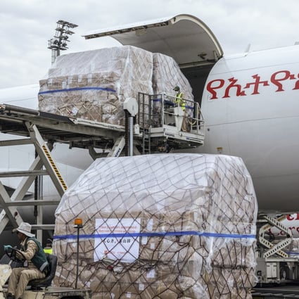 A cargo flight transporting millions of medical items including face masks, test kits and protective suits is unloaded in Addis Ababa, Ethiopia, in March. Photo: AP