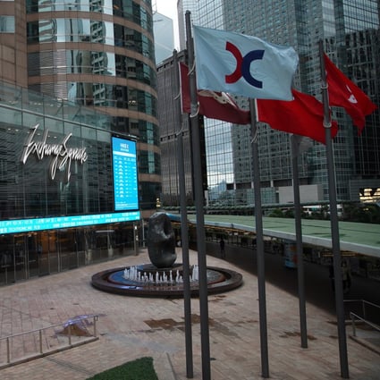 Flags fly outside the Hong Kong stock exchange at Exchange Square in Central on June 2. Hong Kong on June 8 relaxed its 14-day quarantine rule for executives of 480 of the largest companies listed in the city. Photo: Winson Wong