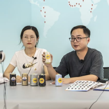 Anchors present yarn samples at a live-streaming video session rehearsal for the upcoming Canton Fair inside a showroom at Ningbo MH Industry Co in Ningbo, eastern Zhejiang province, on June 10. Photo: Bloomberg