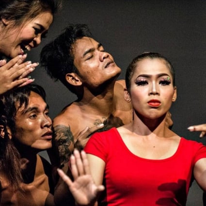 A Cambodian circus that takes its performers from the country’s poorest, and funds an arts school, is facing hard times during the Covid-19 pandemic. Nov Sreyleak (red) and other members of Phare. Photo: Phare