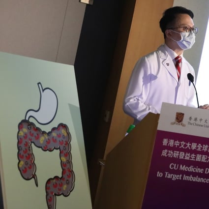 Chinese University’s Francis Chan speaks at a Thursday press conference where his team unveiled a new probiotic formula designed to help balance the ‘good’ and ‘bad’ bacteria found in the gut. K.Y. Cheng