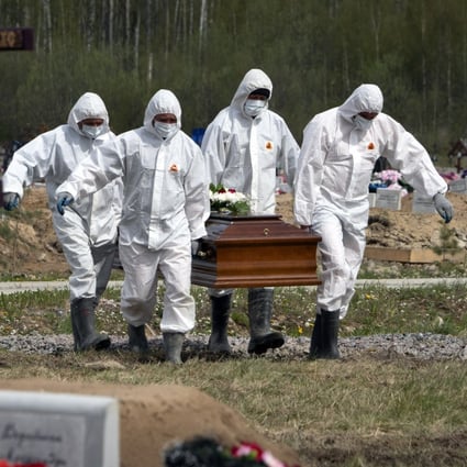 Gravediggers in protective suits carry the coffin of a Covid-19 victim in Kolpino, outside St Petersburg. The way Russia counts fatalities during the coronavirus pandemic could be one reason why its official death toll is far below many other countries. Photo: AP
