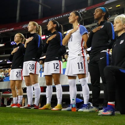 Megan Rapinoe kneels during the US National Anthem prior to the match between the 2016 United States and the Netherlands Atlanta, Georgia. Photo: AFP
