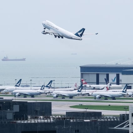 A cargo aircraft operated by Cathay Pacific Airways takes off from Hong Kong International Airport on June 9. Cathay Pacific became the latest global carrier to seek a lifeline in the aftermath of Covid-19 travel restrictions, outlining a plan to raise HK$39 billion ($5 billion) from the Hong Kong government and shareholders after months of warnings about the frailty of its business. Photo: Bloomberg