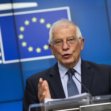 European Union foreign policy chief Josep Borrell speaks during a media conference after a meeting of EU foreign ministers by videoconference at the European Council building in Brussels, Belgium on Monday. Photo: EPA-EFE