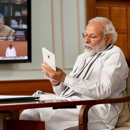 Indian Prime Minister Narendra Modi holds an all party meeting via video conferencing on Friday. During the meeting, he said that no Chinese troops had entered Indian territory. Photo: EPA-EFE