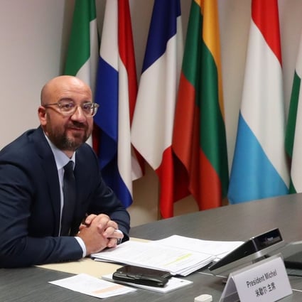 European Council President Charles Michel, in Brussels, takes part in a virtual summit with Chinese Premier Li Keqiang on Monday. Photo: AFP)