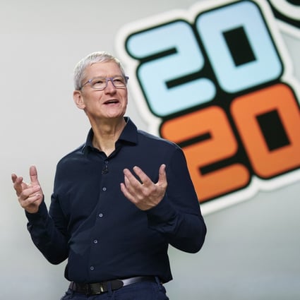 Apple chief executive Tim Cook delivers the keynote address during the 2020 Apple Worldwide Developers Conference at the Steve Jobs Theatre in Cupertino, California, on June 22. Photo: EPA-EFE