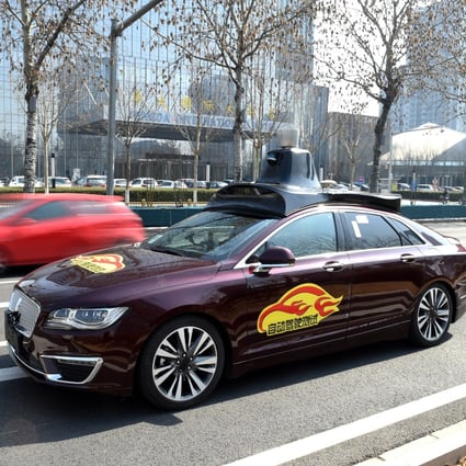 A self-driving car operated by Baidu is seen on a public road test in Beijing on March 22, 2018. Baidu, together with Ford Motor Co, invested US$150 million in autonomous vehicle sensor maker Velodyne Lidar in 2016. Photo: Xinhua