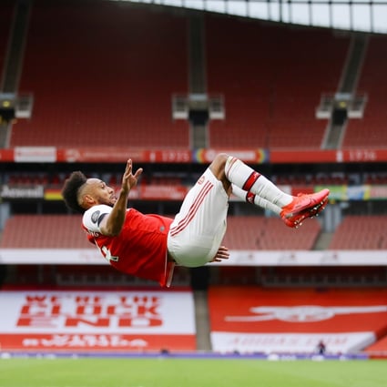 Arsenal’s Pierre-Emerick Aubameyang celebrates scoring their third goal in a win over Norwich. Photo: Reuters