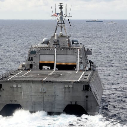 The Independence-variant littoral combat ship USS Gabrielle Giffords (LCS 10) conducts routine operations near the Chinese vessel Hai Yang Di Zhi 4 Hao on July 1. Photo: US Navy