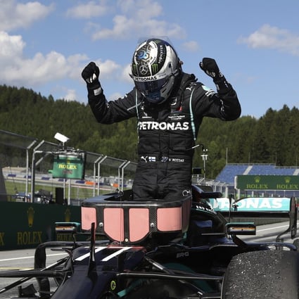 Race winner Mercedes driver Valtteri Bottas, of Finland, celebrates after winning the Austrian Formula One Grand Prix in Spielberg. Photo: AP