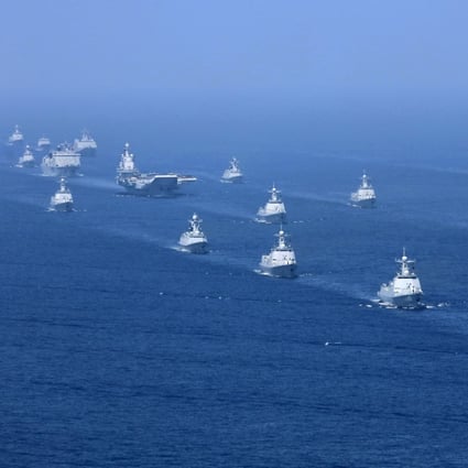 The Liaoning aircraft carrier is accompanied by PLA Navy frigates and submarines conducting exercises in the South China Sea in April 2018. Photo: Xinhua via AP