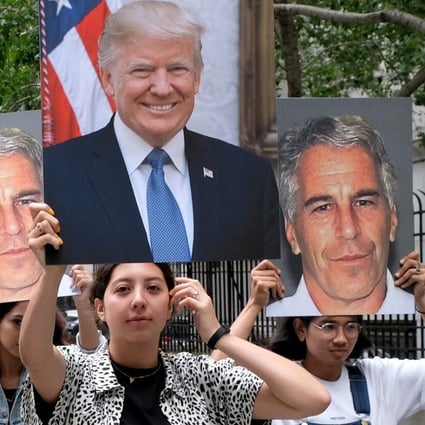 Protesters hold pictures of Jeffrey Epstein and Donald Trump outside federal court in New York in July 2019. Photo: TNS