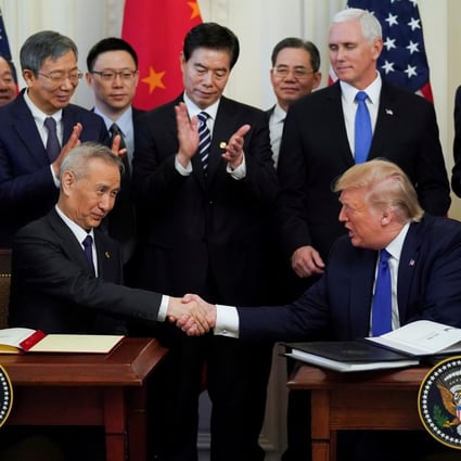 Chinese Vice-Premier Liu He and US President Donald Trump shake hands after signing phase one of the US-China trade agreement during a ceremony at the White House in Washington on January 15. Photo: Reuters