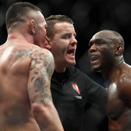 Kamaru Usman and Colby Covington have to be separated by referee Marc Goddard during their welterweight title bout at UFC 245 at T-Mobile Arena, Las Vegas in December 2019. Photo: USA Today