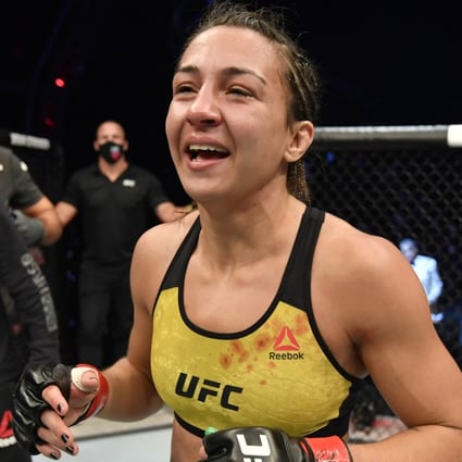 Amanda Ribas celebrates after winning against Paige VanZant in their flyweight fight at UFC 251 on UFC Fight Island in Yas Island, Abu Dhabi. Photos: USA Today