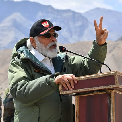 Indian Prime Minister Narendra Modi addresses soldiers during a visit to Ladakh near the border with China earlier this month. Photo: AP