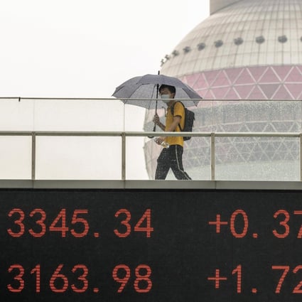A pedestrian bridge that features a monitor for stock exchange prices in Shanghai. Photo: EPA