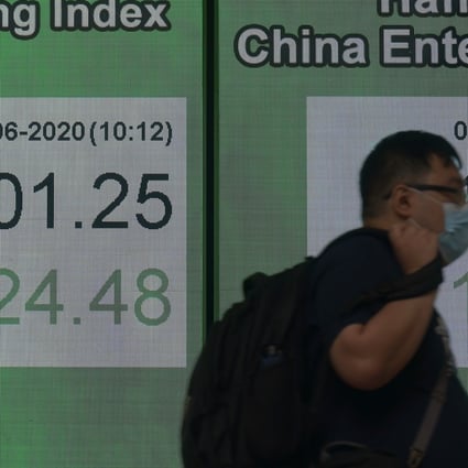 Hong Kong has seen volatile trading Wednesday, after entering a bull market last week. Above, a man passes a bank electronic board showing the Hong Kong share index on June 9, 2020. Photo: Associated Press