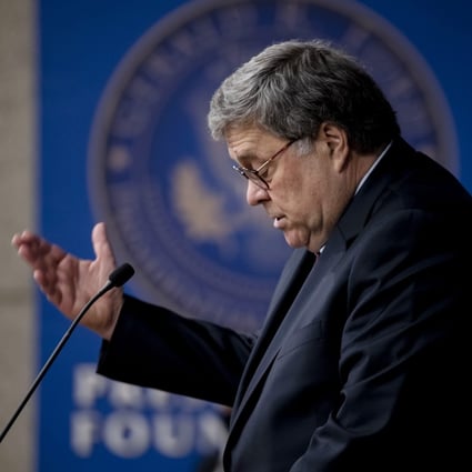 US Attorney General William Barr speaks at the Gerald R. Ford Presidential Museum in Grand Rapids, Michigan on Thursday. Photo: Mlive.com/Ann Arbor News via AP