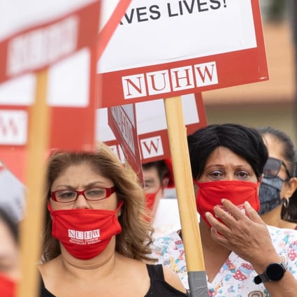 Hospital workers protest in Westminister, California, on Wednesday, demanding measures to protect them and their patients from coronavirus infection. Photo: Reuters