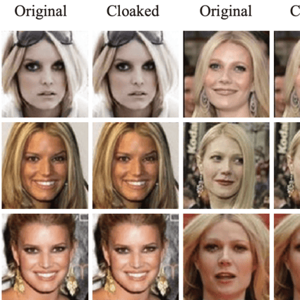 Facial images altered by Fawkes look almost the same to human eyes, but they’re unrecognisable to facial recognition systems. Picture: Fawkes