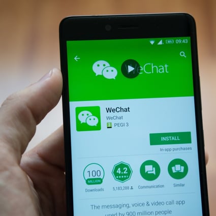 Tencent Holdings’ super app, WeChat, is seen in the Google Play app store displayed on an Android smartphone. Photo: Shutterstock