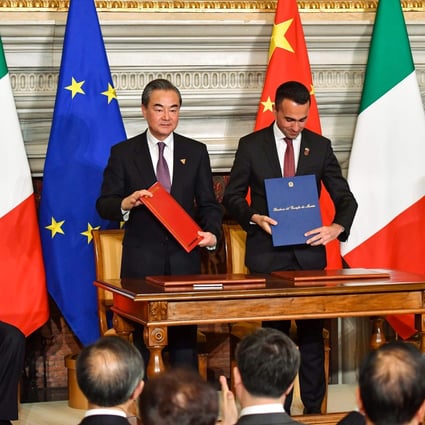 Chinese Foreign Minister Wang Yi and Luigi Di Maio, now Italy’s foreign minister, are pictured in Rome in March 2019. During their video conference on Wednesday, China urged Italy to “uphold an objective, fair and positive attitude in handling relations with China”. Photo: AFP