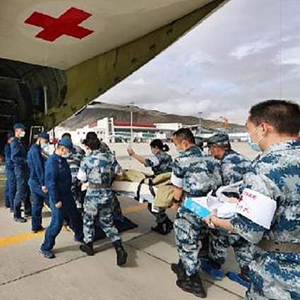 The specially equipped transport plane was used to airlift a wounded solider to hospital. Photo: Xinhua