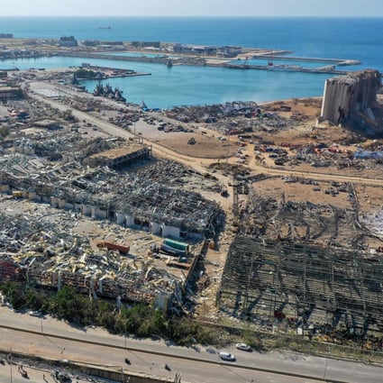 An aerial view shows the massive damage done to Beirut port’s grain silos and the area around it. Photo: AFP