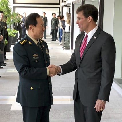 Chinese Defence Minister Wei Fenghe, left, greets US Defence Secretary Mark Esper in Bangkok, Thailand in November 2019. Photo: AP