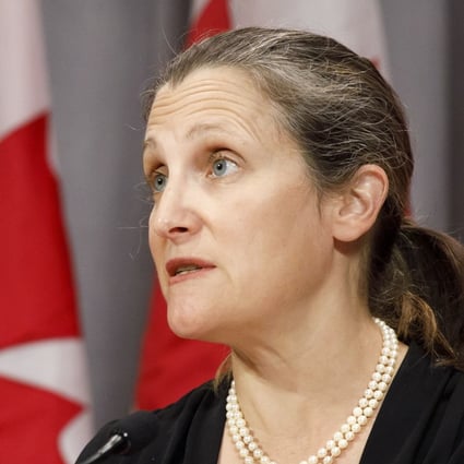 Canada's Deputy Prime Minister Chrystia Freeland speaks during a news conference in Toronto on Friday. Photo: The Canadian Press via AP