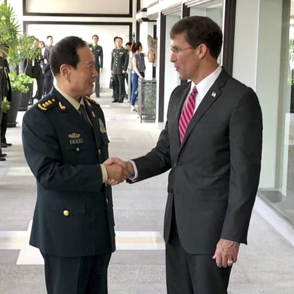 Chinese Defence Minister Wei Fenghe (left) and US Secretary of Defence Mark Esper in November last year. Photo: AP