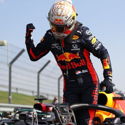 Red Bull’s Dutch driver Max Verstappen pumps his fist after winning the 70th Anniversary Grand Prix at Silverstone. Photo: AFP