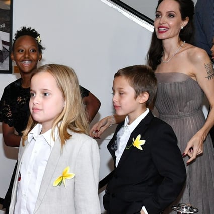 The Jolie-Pitts – Zahara, Vivienne, Knox, Angelina Jolie and Pax Thien – stepping out. Photo: Getty Images