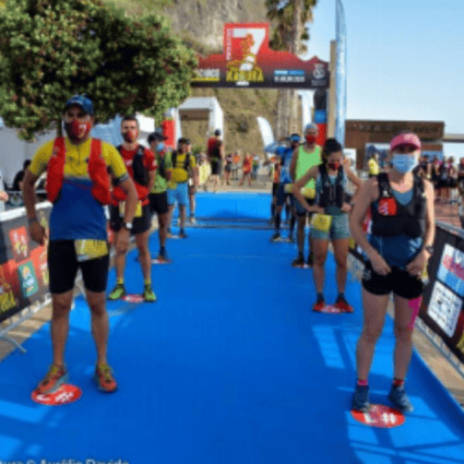 Runners are called to the start in groups and made to distance at the Trail Porto de Cruz in Portugal. Photo: Aurelio Davide