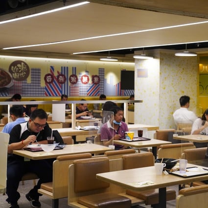 Social distancing measures in force at a food court in Tsim Sha Tsui, as Hong Kong battles a coronavirus outbreak. The catering industry aims to roll out a HK$50 million citywide certification scheme for food safety and environmental hygiene to rescue the battered sector. Photo: Sam Tsang