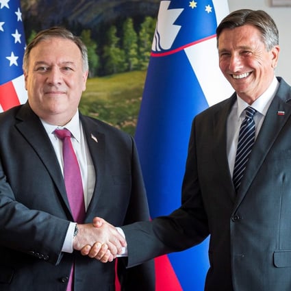 Slovenian President Borut Pahor (right) and US Secretary of State Mike Pompeo meet in Bled, Slovenia, on Thursday. Photo: Reuters
