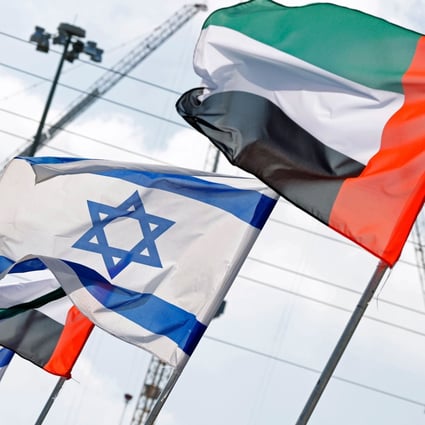 Israeli and United Arab Emirates flags line a road in the Israeli coastal city of Netanya. Photo: AFP