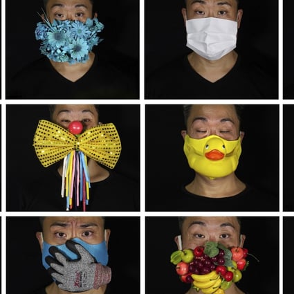 Edmond Kok wears a selection of his face masks with designs reflecting the coronavirus pandemic and Hong Kong politics. Photo: AP