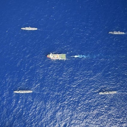 Turkish Navy ships escort the 'Oruc Reis' a seismic research vessel. Photo: AFP