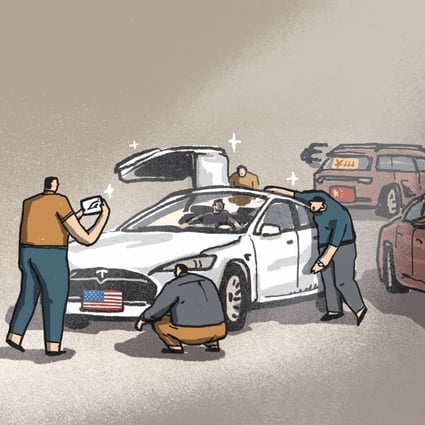 Chinese EV makers dream of unseating Tesla by raising capital and developing models with longer driving ranges, but they are yet to strike a chord with consumers. Illustration: Perry Tse