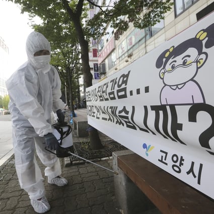A health care worker carries out disinfection on a street in Goyang, which is part of the Seoul metropolitan area. Photo: AP