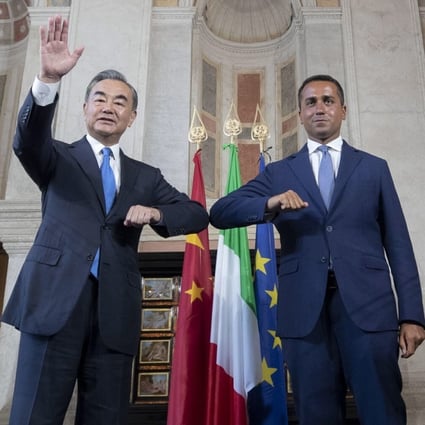 Chinese Foreign Minister Wang Yi and Italian Foreign Minister Luigi Di Maio after their meeting at Villa Madama in Rome on Tuesday. Photo: EPA-EFE